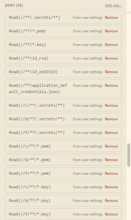 Окно Permission rules, раздел DENY