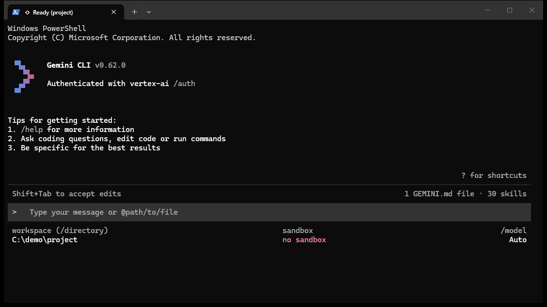Скриншот: Gemini CLI сразу после запуска в учебной папке: стартовый экран и пустое поле ввода