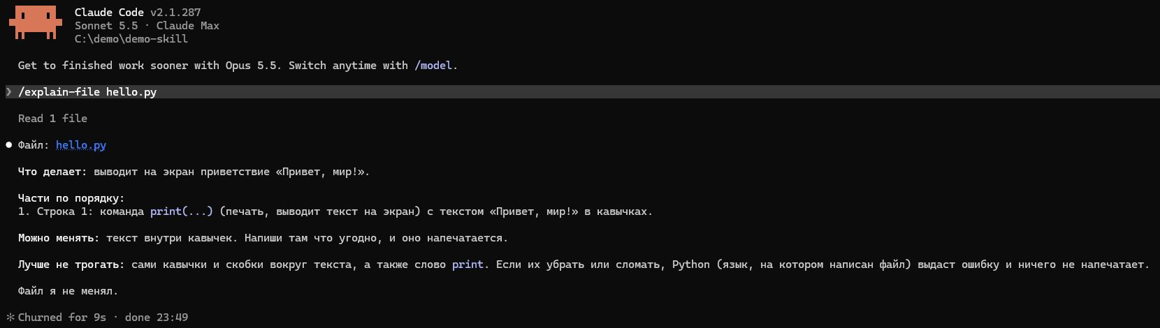 Скриншот: Ответ агента на вызов навыка explain-file для файла hello.py