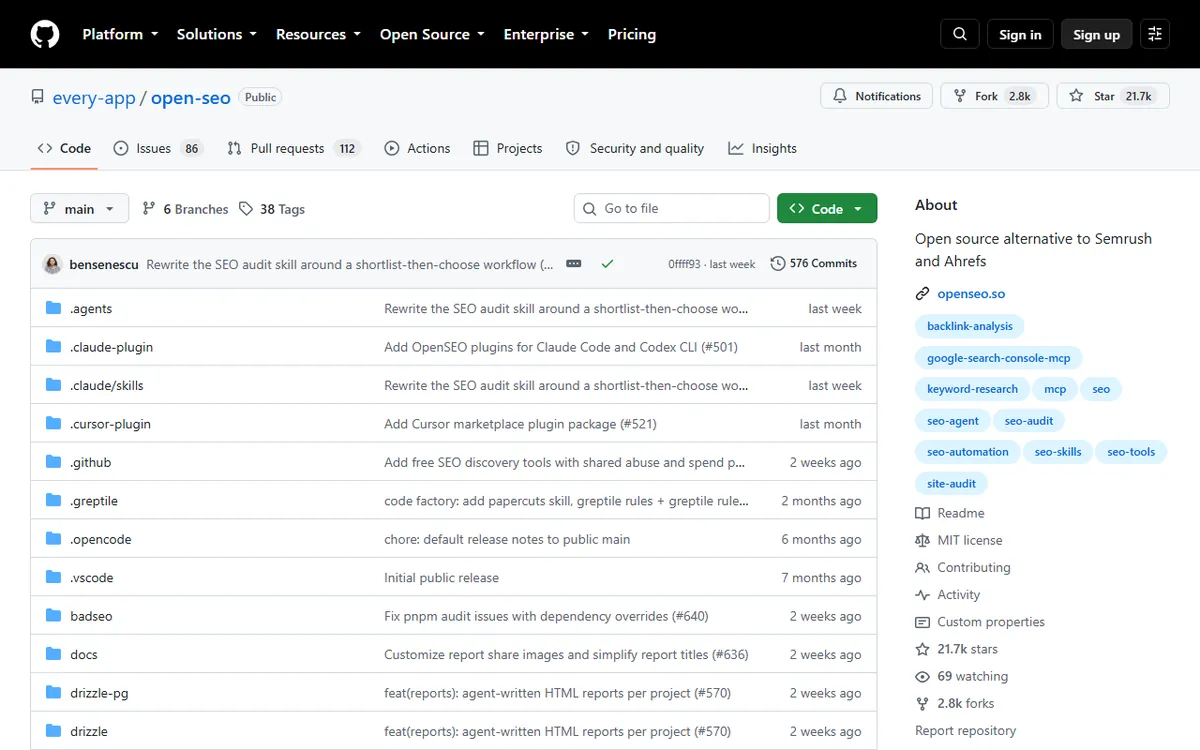 Репозиторий every-app/open-seo на GitHub: Open source alternative to Semrush and Ahrefs, лицензия MIT, 21.7k звёзд
