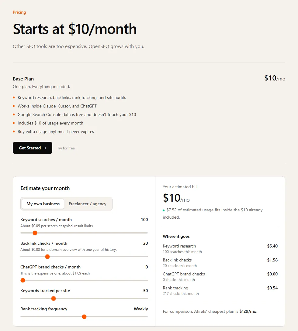 Страница цен OpenSEO: Base Plan $10 в месяц, около $0.05 за поиск по ключу, около $0.08 за обзор ссылок домена, около $1.09 за проверку бренда в ChatGPT